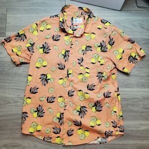 Hurley Shirt Large Button Up Short Sleeve Lemon Floral Novelty Orange Stretch